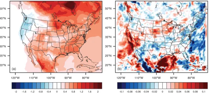 Fig. 2. 1. Changes in (a) 2-m temperature (°C) and (b) precipitation (mm day -1 ) centered on 2050  between RCP8.5 and RCP4.5 (RCP8.5—RCP4.5)