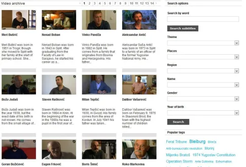 Figure 6: The search interface for the CroMe-video archive. One can search in the “properties” of the interviewee (name, gender and year of birth), in the time-dependent metadata (themes, places and regions/locations mentioned in the interview) and full te