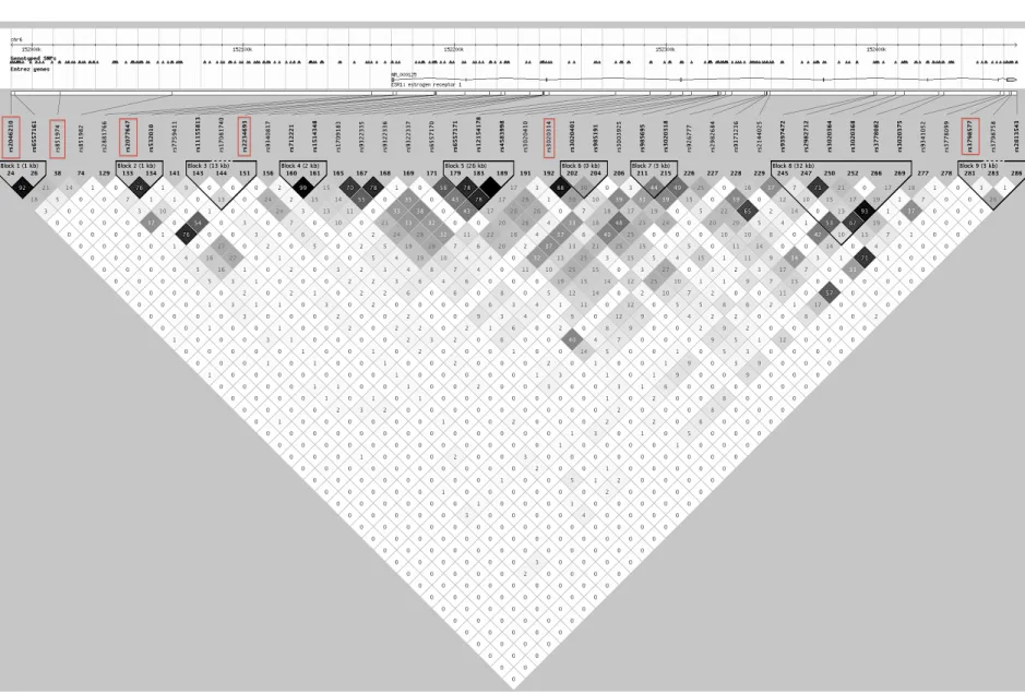Figure 12: ESR1 linkage disequilibrium map for HapMap CEU 