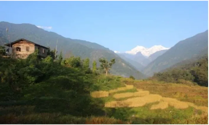 Fig 3: A view of the landscape on the way to Lingdem, Upper Dzongu. (Source: Author, 2013) 