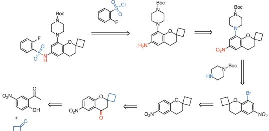 Figure 3 shows an exemplary 6-step route for an intermediate of a drug candidate synthesis reported in 2015, which has been found by our algorithm in 5.4 s