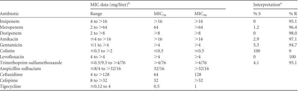 TABLE 3 Susceptibility results obtained from carbapenem-resistant A. baumannii isolates (n � 246)