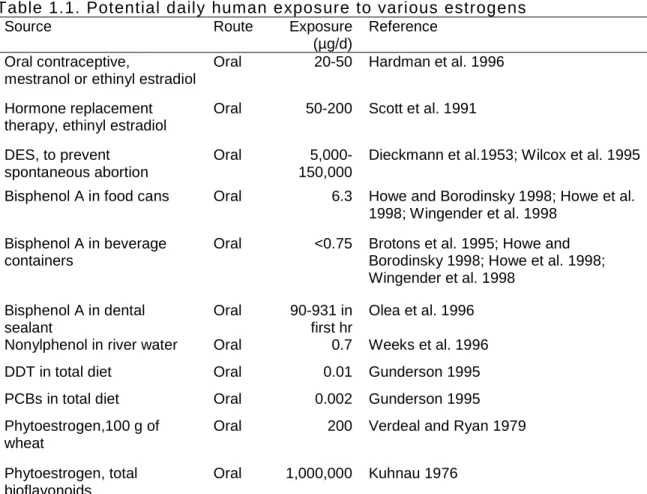Table 1.1. Potential daily human exposure to various estrogens 
