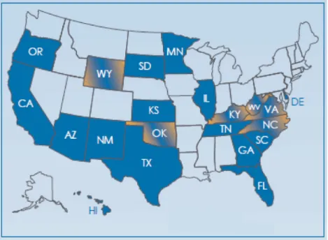 Fig. 1. Map of U.S. states employing a common unit of reading measurement (two tones indicate common units in use for both reading and mathematics).