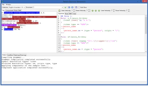 Figure 2: The development environment of the pattern engine, with a simple grammar loaded.