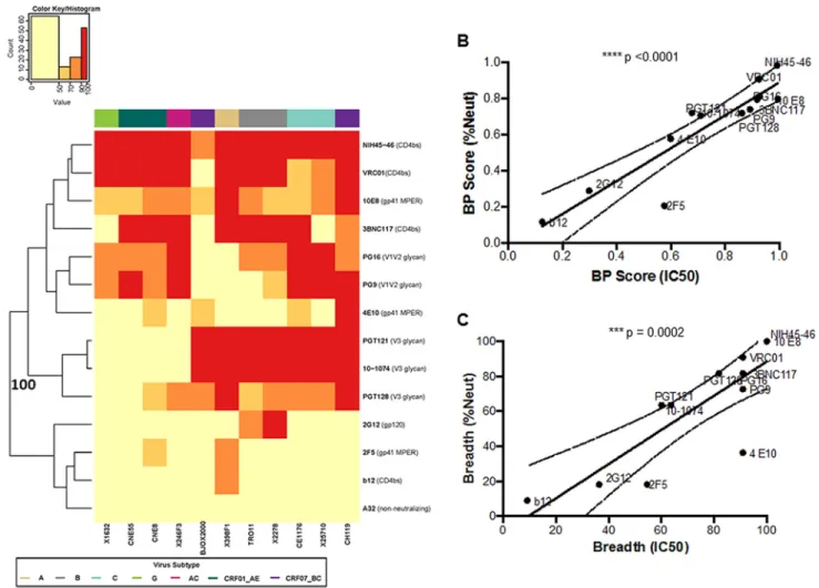 FIG 1 Breadth and potency are similar as assessed by the percentage of neutralization at the highest tested antibody concentration or IC 50 