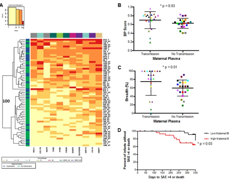 FIG 3 Maternal neutralization response against a heterologous global Env panel. (A) Each square in the grid represents the average percentage of neutralization for each virus-plasma combination tested: ⬍50%, yellow; 50 to 70%, light orange; 70 to 90%, dark