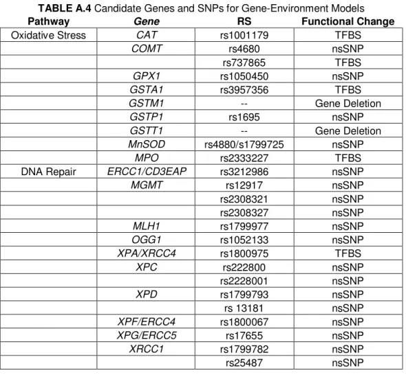 TABLE A.4 Candidate Genes and SNPs for Gene-Environment Models  