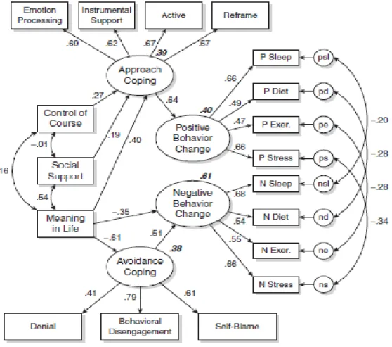 Figure 1.9. Park et al. (2008) structural equation model of cross-sectional health behavior change  after diagnosis