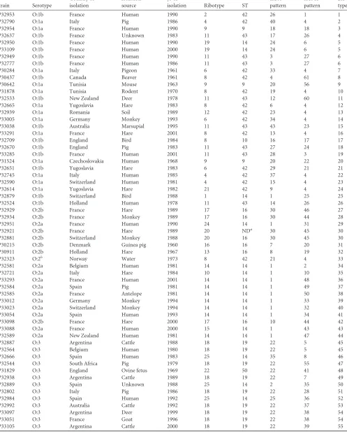 TABLE 1 Characteristics of the 80 strains of Y. pseudotuberculosis used for IS-RFLP typing