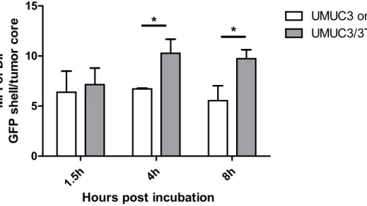 Figure 2.13 The ratio of mean fluorescence intensity (MFI) between the GFP shell and tumor  core at different time points