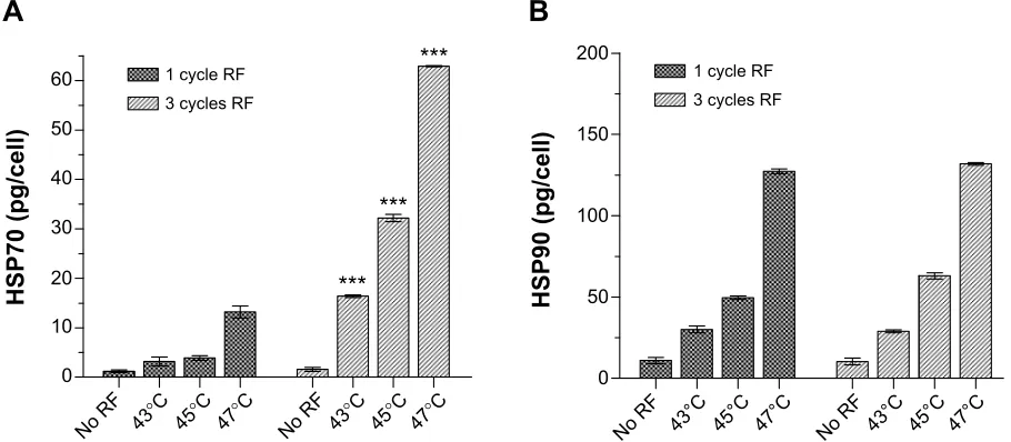 Figure 14 Induction of (A) hsP70 and (B) hsP90 after one or three cycles of rF-induced dextran-coated lsMO-mediated hyperthermia