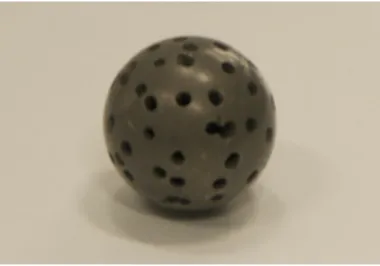 Figure 5.6: Picture of a plastic drilled sphere used in this sections experiments with radius A = 0.635 cm, mass m s = 0.8986g, and porosity P = 0.38.