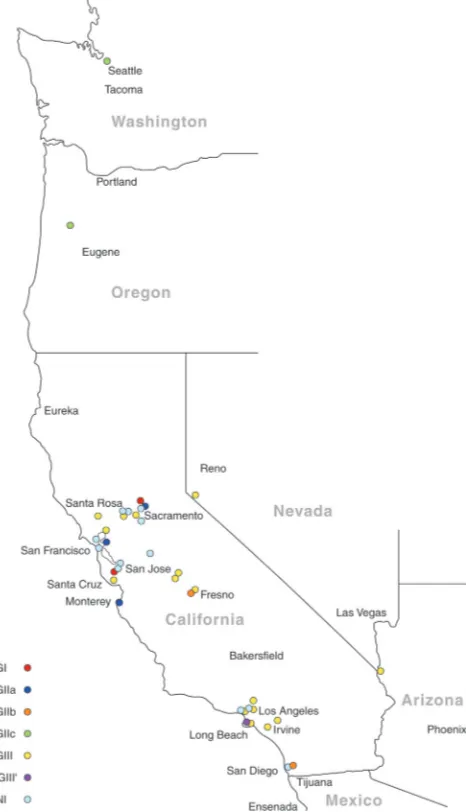 FIG 1 Map showing the distribution of Cryptococcus molecular types identi-ﬁed in the current study from the western United States (n � 38)