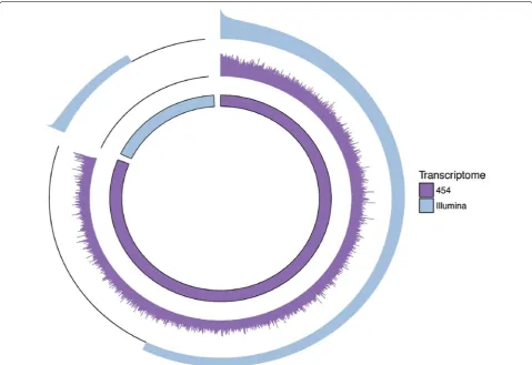 Fig. 1 Circular plot showing the hybrid transcriptome assembly. The inner track represents the breakdown of the transcriptome into 454 (purple) and Illumina (blue) components