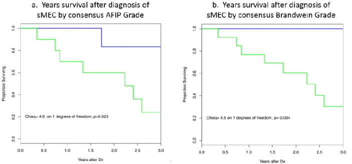 Figure 3: Kaplan-Meier plots of overall survival stratified by dichotomized grading  systems