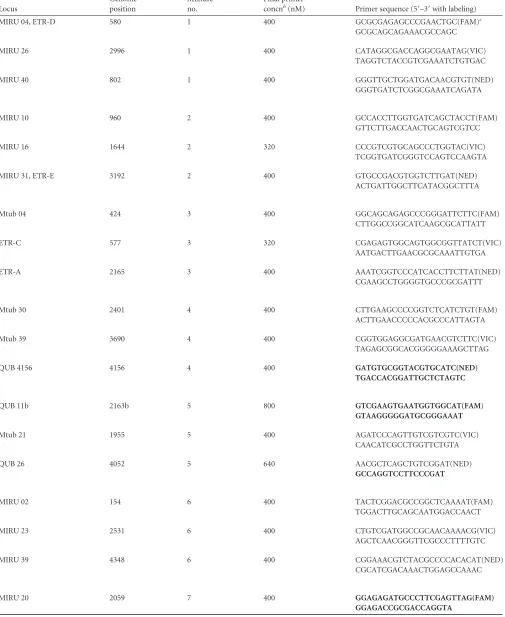TABLE 1 Primer sequences used in the optimized 24-locus VNTR typing methoda