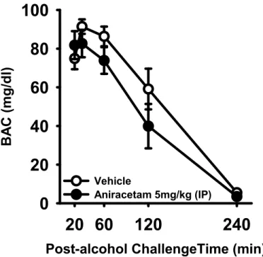 Figure 3. Alcohol clearance is not altered by aniracetam pre-treatment. Pre-treatment with  aniracetam (5 mg/kg; n  = 6) did not affect blood-alcohol content (BAC) across time after 