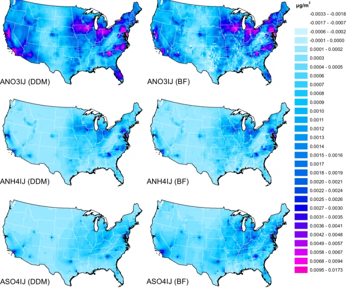 Figure 4: Spatial comparison of secondary PM 2.5 species from annual average DDM model runs (reported in sensi- sensi-tivities, left) and brute force model runs (reported as differences in concentration between base and sensitivity cases, right)