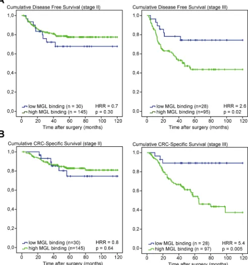 Figure 1: High MGL ligand expression in stage III CRC patients is associated with poor survival