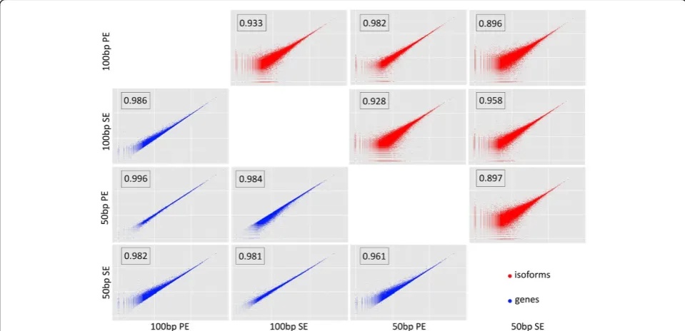 Figure 4 Scattered plots of isoform (red) and gene (blue) log-transformed expression between all Salix purpurea sequence sets