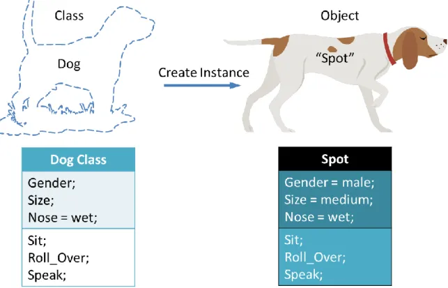 Figure  3:  Demonstration  of  classes  and  objects.  The  “Dog”  class  is  shown  on  the  left  and  provides a template for the object “Spot”