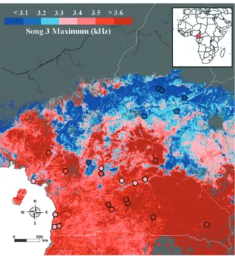 Figure 3 Predictive map for songtype III maximum frequency. Environ- Environ-mental variables explained 66% of the variation in songtype III  maxi-mum frequency