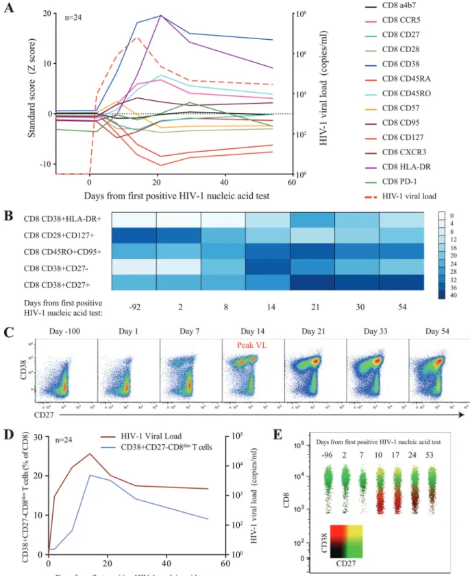 FIG 3 Longitudinal changes of surface maker expression on CD8 ⫹ T cells during acute HIV infection