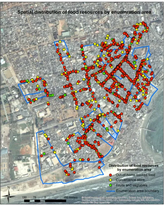 FIG. 2 Spatial distribution of out-of-home cooked foods, convenience stores and fruits and vegetables stands/sales point by EA.