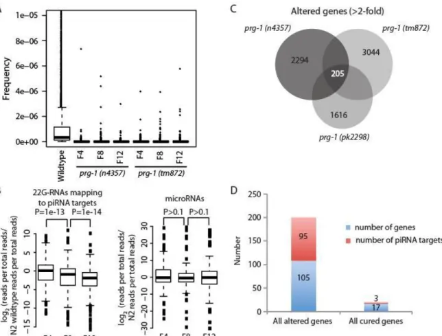 Figure 1-3. piRNA loss affects expression of few genes targeted by piRNAs. (A) Boxplots are based on  read frequencies for 4,839 piRNAs sequenced in one or more libraries