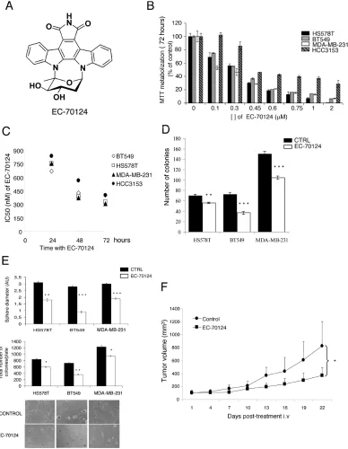 Figure 1: Chemical structure of EC-70124 and anti-tumor action in vitro and in vivo. A