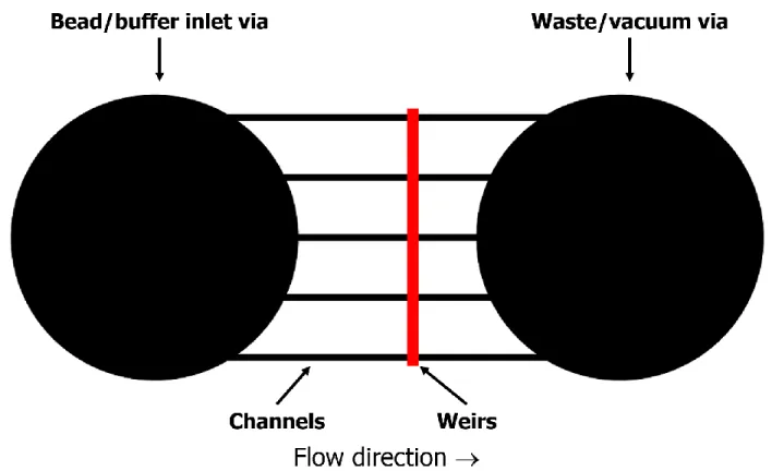 Figure 3.2.  Top-down schematic of simple column chip.  Five channels share common vias