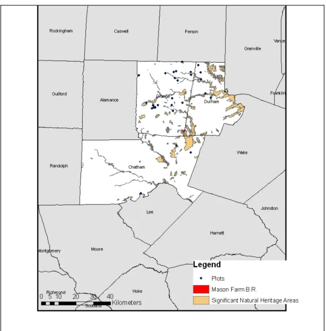 Figure 2.1 Plot locations in the local 3-county area are denoted by dark blue points. 