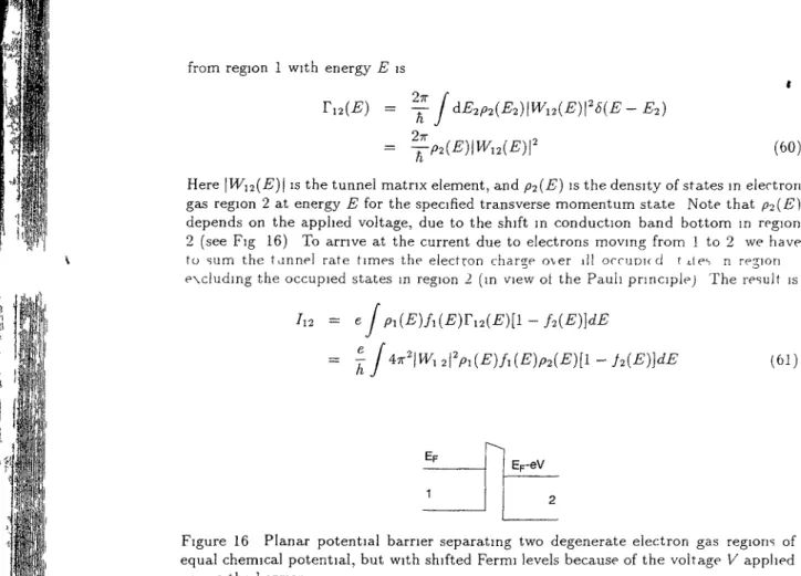 Figure 16 Planar potential barner separating two degenerate electron gas regions of equal chemical potential, but with shifted Fermi levels because of the voltage V apphed across the barner