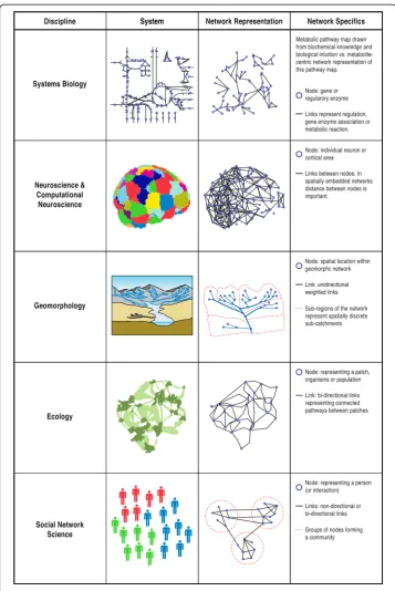 Fig. 1 Network-based representation of structural and functional connectivity. Illustration of ways inwhich structural and functional connectivity within a multitude of systems can be conceptualised usinga network-based approach across Systems Biology, Neuroscience/Computational Neuroscience,Geomorphology, Ecology, and Social Network Science