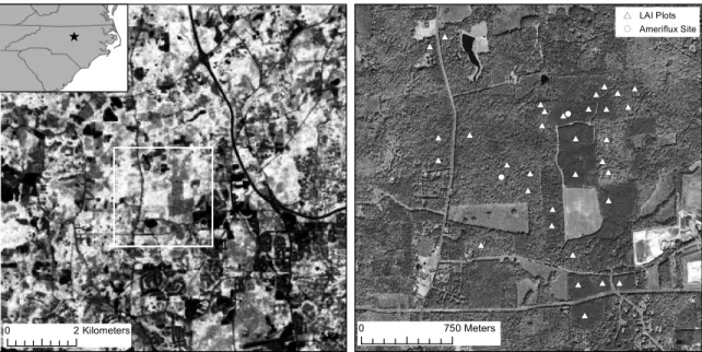 Figure 2.1: Left: May, 19 2009 Landsat TM NDVI image of study-area (10 km x 10 km extent of IKONOS image)