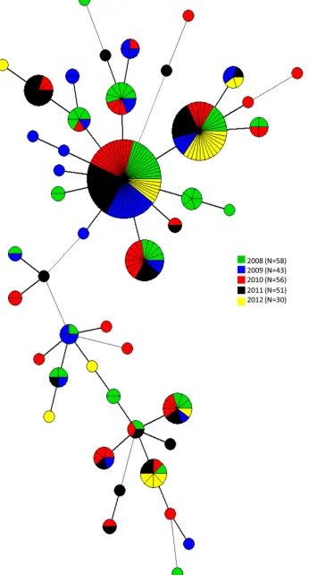 FIG 1 Minimum spanning tree calculated for MLVA proﬁles of 238 S. Enteritidis isolates collected between 2008 and 2012 in 19 regions in Italy.