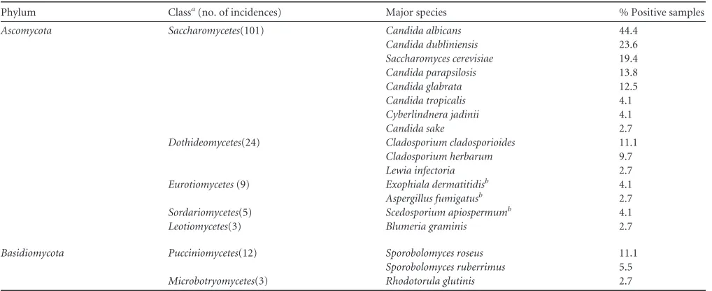 TABLE 1 Prevalence of major fungal OTUs identiﬁed by their ITS sequences in 72 CF sputum samples from 56 patients