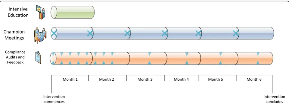 Fig. 2 Timeline of implementation components. The intervention commences with four weeks of intensive education