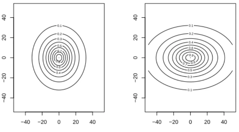 Figure 2.4: Whittle-Mat´ ern correlation function with nugget=1, range=10, and smooth=1 for the isotropic case (left panel) and non-isotropic case (right panel).