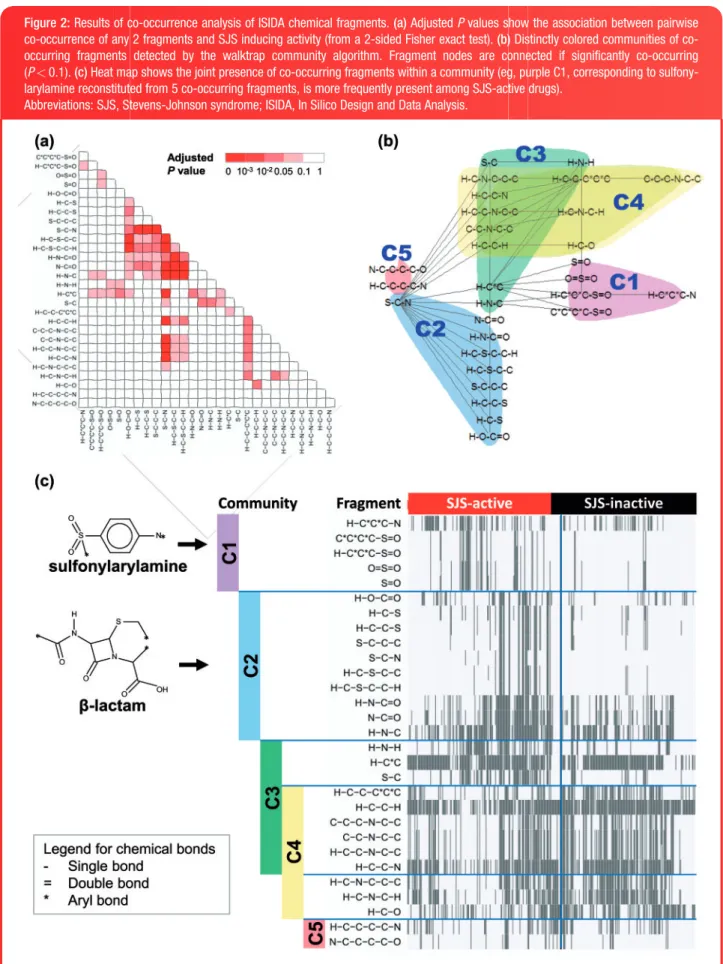 Figure 2: Results of co-occurrence analysis of ISIDA chemical fragments. (a) Adjusted P values show the association between pairwise occurrence of any 2 fragments and SJS inducing activity (from a 2-sided Fisher exact test)