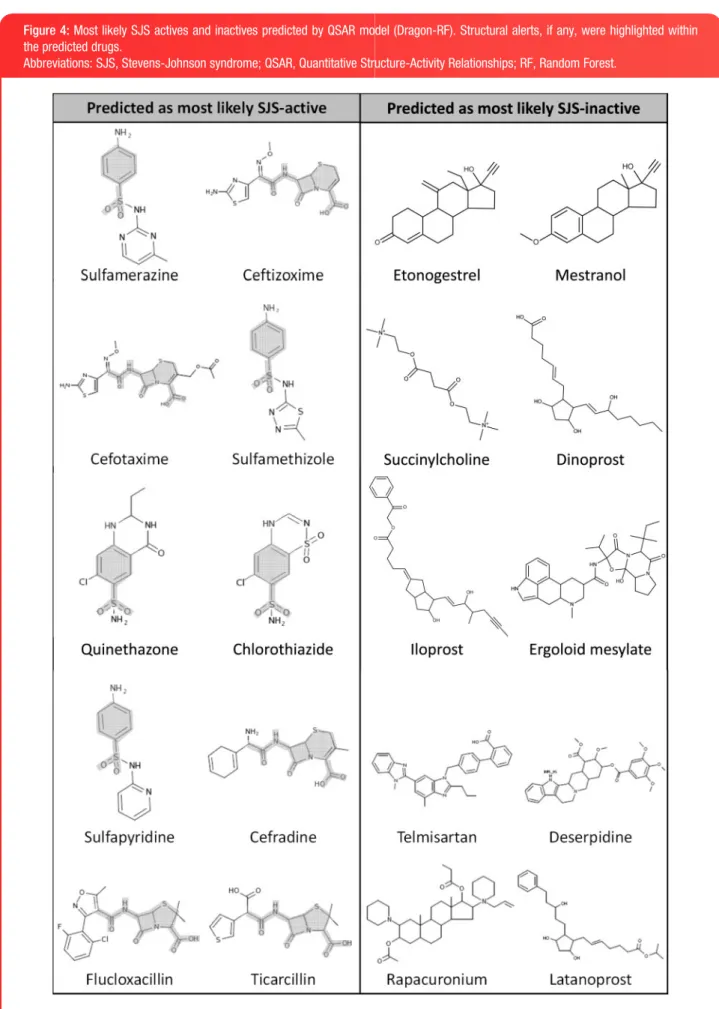 Figure 4: Most likely SJS actives and inactives predicted by QSAR model (Dragon-RF). Structural alerts, if any, were highlighted within the predicted drugs.