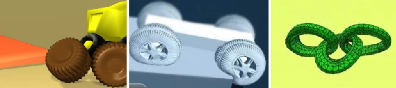 Figure 1.3: Snapshots of deformable dynamics in current game engines, compared to methods from this thesis