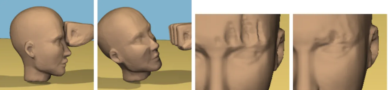 Figure 1.12: Deformations of a Virtual Head. Left: A fist hits a deformable head (attached by springs in the neck area), producing both local deformations and global motion