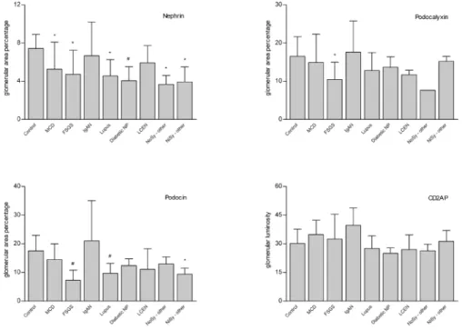 Figure  3.  Glomerular  expression  of  podocyte-associated  proteins.  Nephrin,  podocin,  and  podocalyxin  stainings  were  per- per-formed immunohistochemically