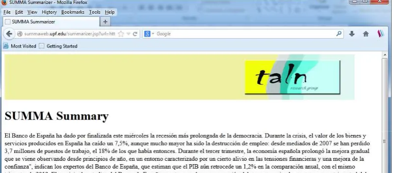 Figure 4: Summarization Application on the Web (http://summaweb.upf.edu/).