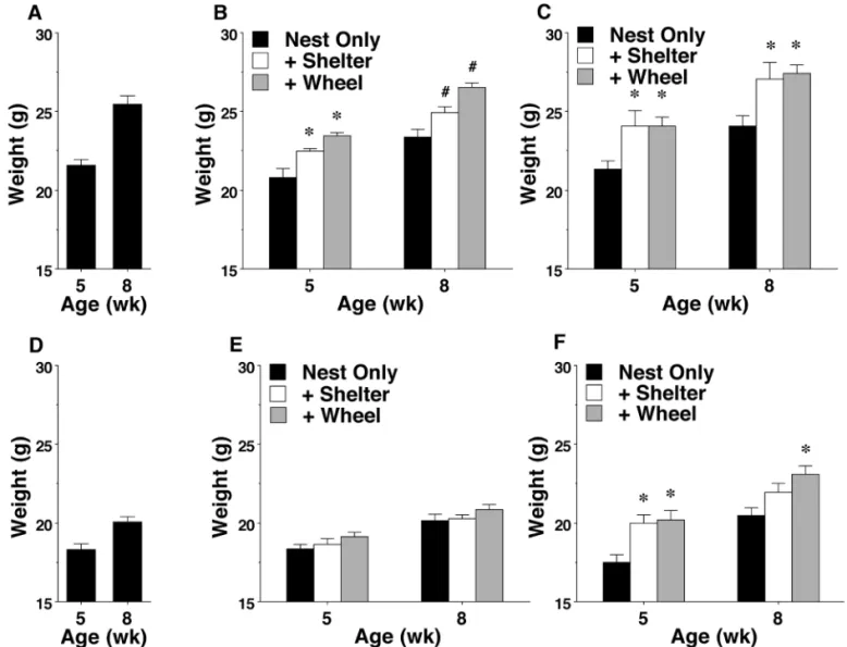 Figure 2. Body weights (mean ± SEM) in mice from different housing conditions. The results from B6 (A, male; D, female) mice are included as  examples of typical weights in wild-type mice