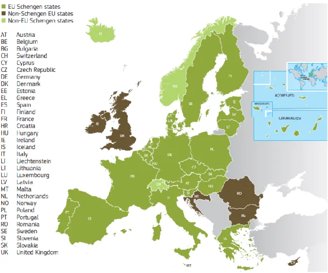 Figure 1: Overview of the Schengen countries. Including the countries that are currently EU member but do  not belong to the Schengen area (Romania, Bulgaria, United Kingdom, Croatia, Ireland and Cyprus)