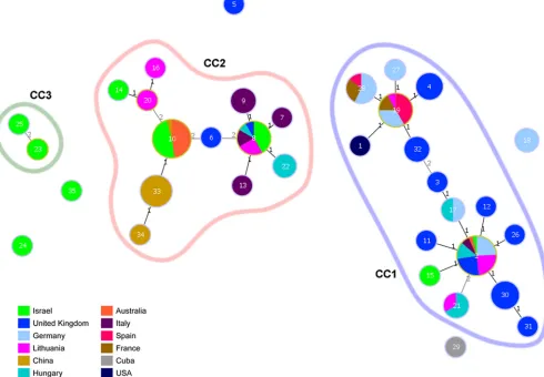 FIG 1 Minimum spanning tree (MST) representing the evolutionary relationships between M