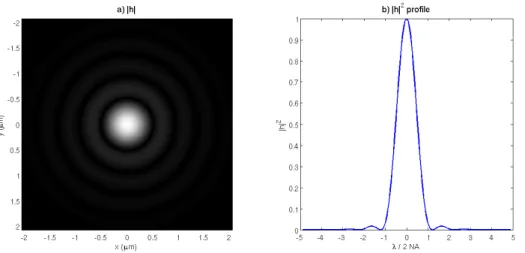 Figure 2.5: A simulated point spread function for a 40X dry objective lens with circular aperture and NA = 0.65